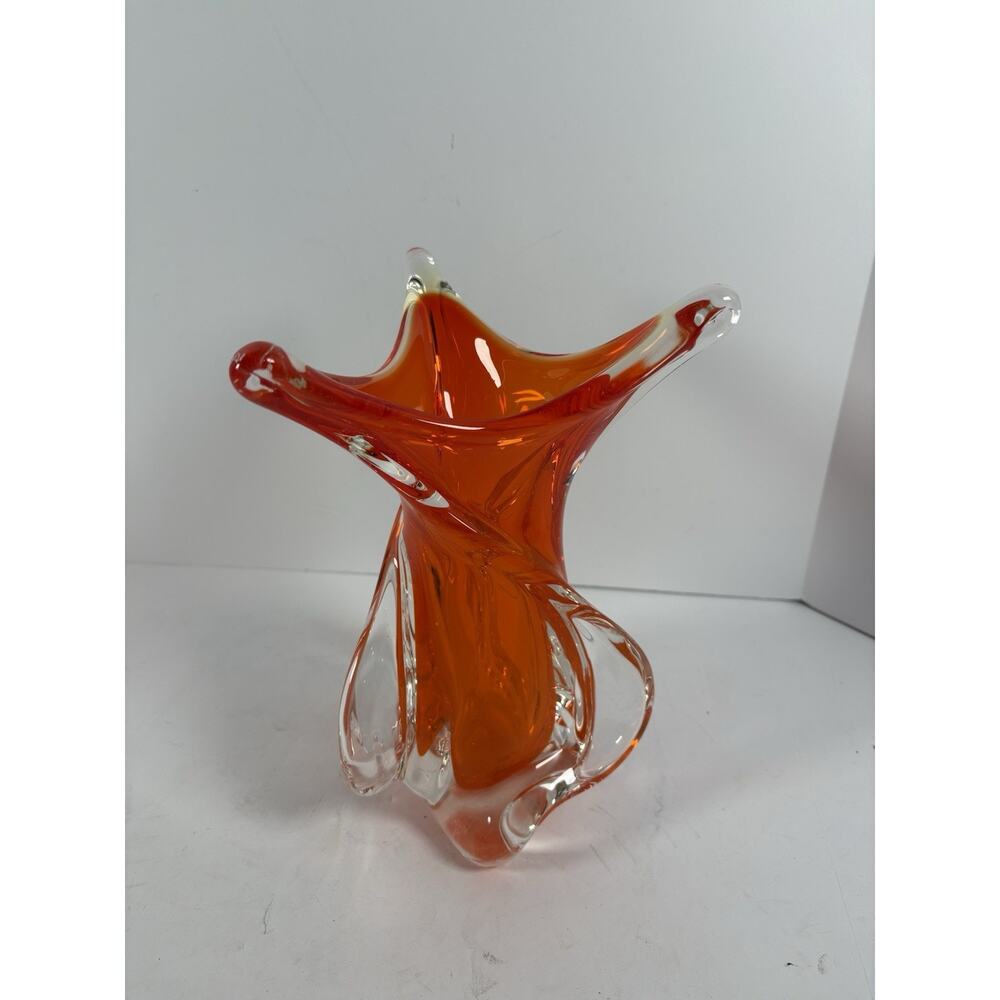 Vintage Chalet Orange Art Glass Twisted Crystal Vase MCM Freeform 10in Canada